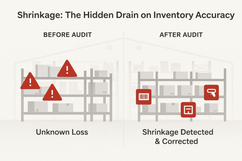 Visual showing inventory shrinkage hotspots in a warehouse, including theft zones, missed audits, and receiving errors, with audit-driven improvement side-by-side.