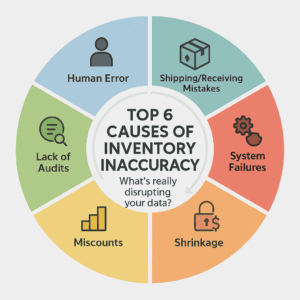 Circular infographic showing the six primary causes of inventory inaccuracy: human error, shipping mistakes, system failures, shrinkage, miscounts, and lack of audits.