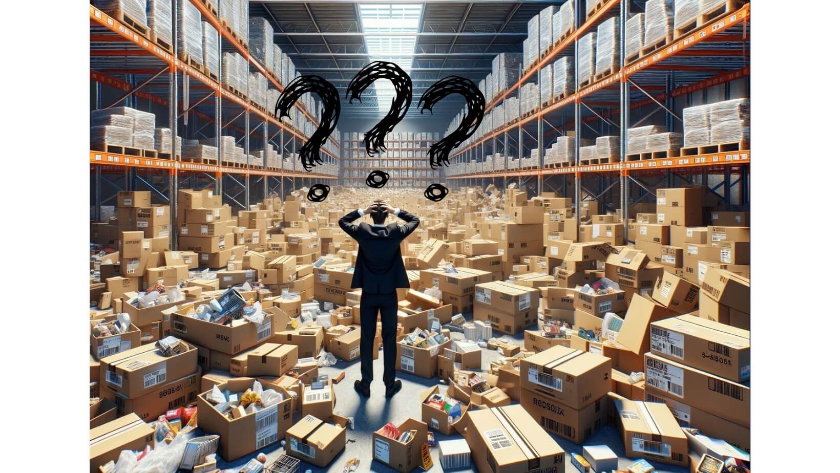 Overwhelmed manager in a disorganized retail warehouse with empty shelves and lost amidst the inventory, with clear signs of inventory discrepancies.