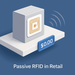 3D illustration of a passive RFID tag on a retail product box emitting radio signals, placed on a display platform with a digital price tag.