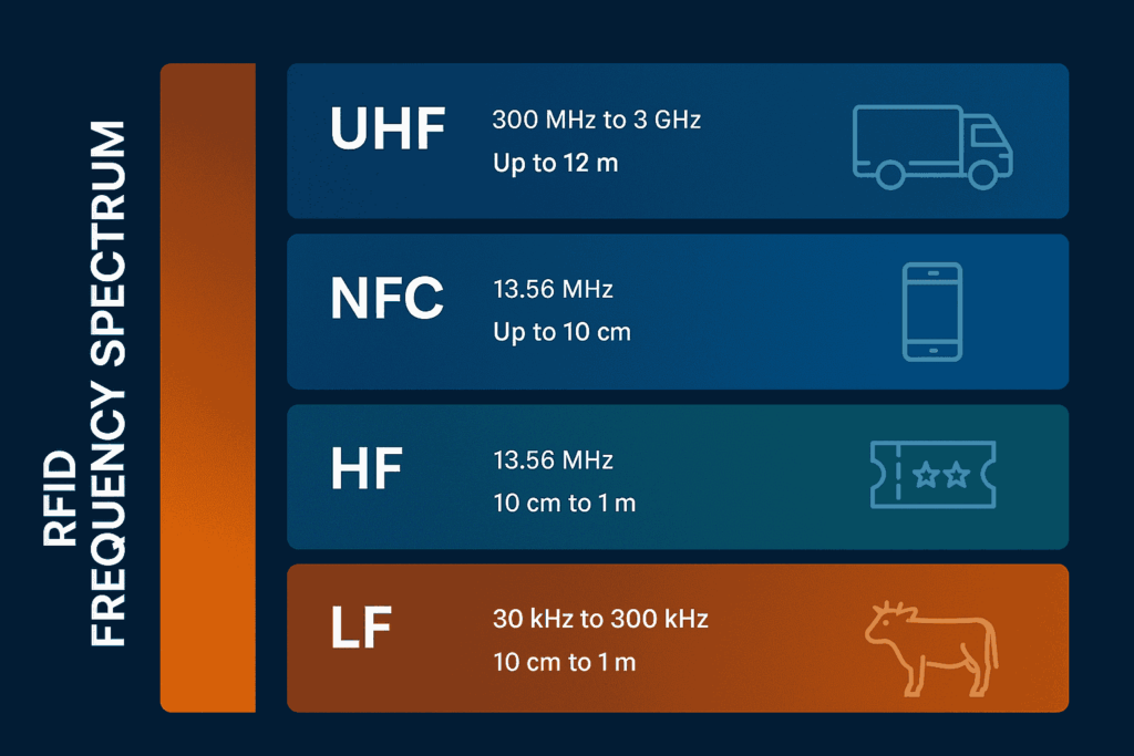 A horizontal 2D infographic comparing RFID frequency types including LF, HF, NFC, and UHF, with range values, frequency bands, and matching icons for each use case.