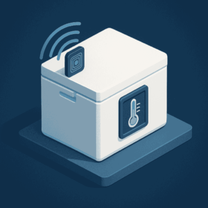 3D illustration of a white cold chain storage container with a semi-passive RFID tag and digital thermometer display, representing environmental condition tracking.