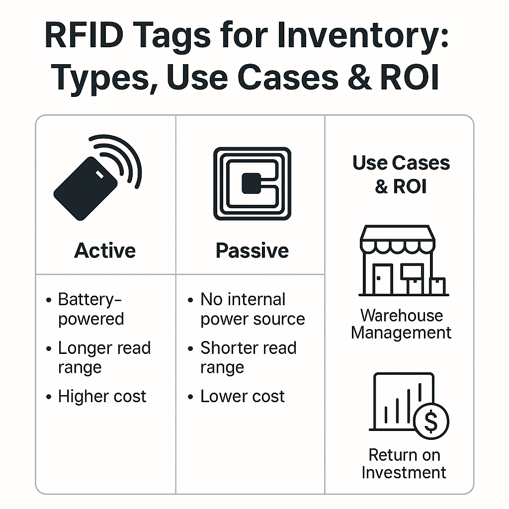 Infographic showing types of RFID tags for inventory, including passive, active, and semi-passive options, with use cases and ROI benefits.