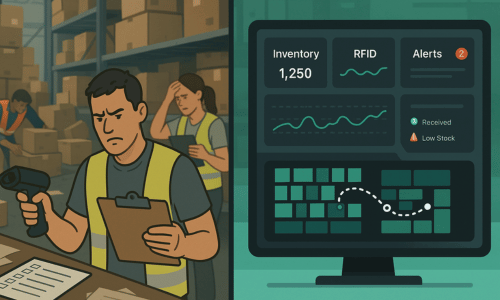 Split image showing manual barcode scanning on one side and real-time RFID dashboard tracking on the other.