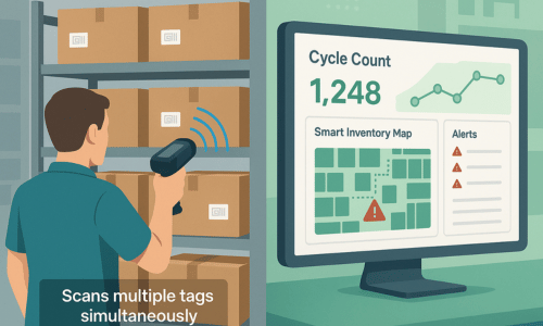 Warehouse staff using an RFID handheld scanner to conduct a cycle count without stopping operations.
