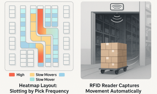 Warehouse heatmap showing optimized storage layout and RFID-based movement tracking paths.