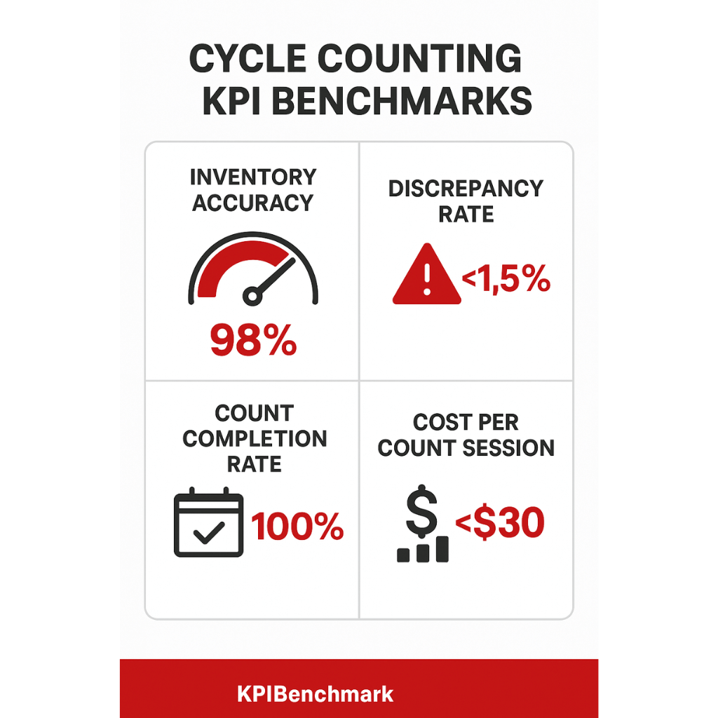 Grid showing KPI benchmarks for inventory accuracy, discrepancy rate, and count completion rate