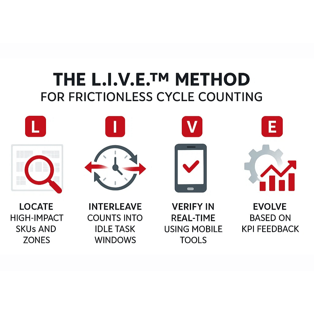 Diagram showing the L.I.V.E.™ method for non-disruptive cycle counting in warehouses