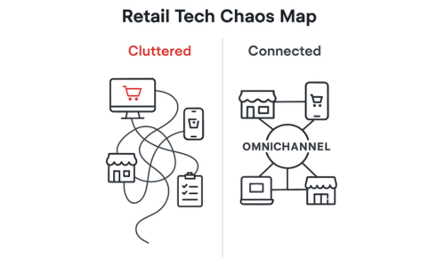 Diagram showing disconnected retail systems vs smart warehousing integration.