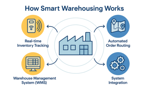 Infographic breaking down the components of a smart warehouse system.