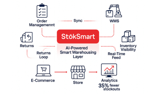 Infographic showing StøkSmart at the center of smart warehouse tools and technologies.