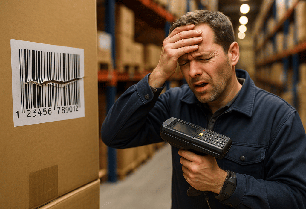 frustrated warehouse worker scanning a damaged barcode label during inventory tracking