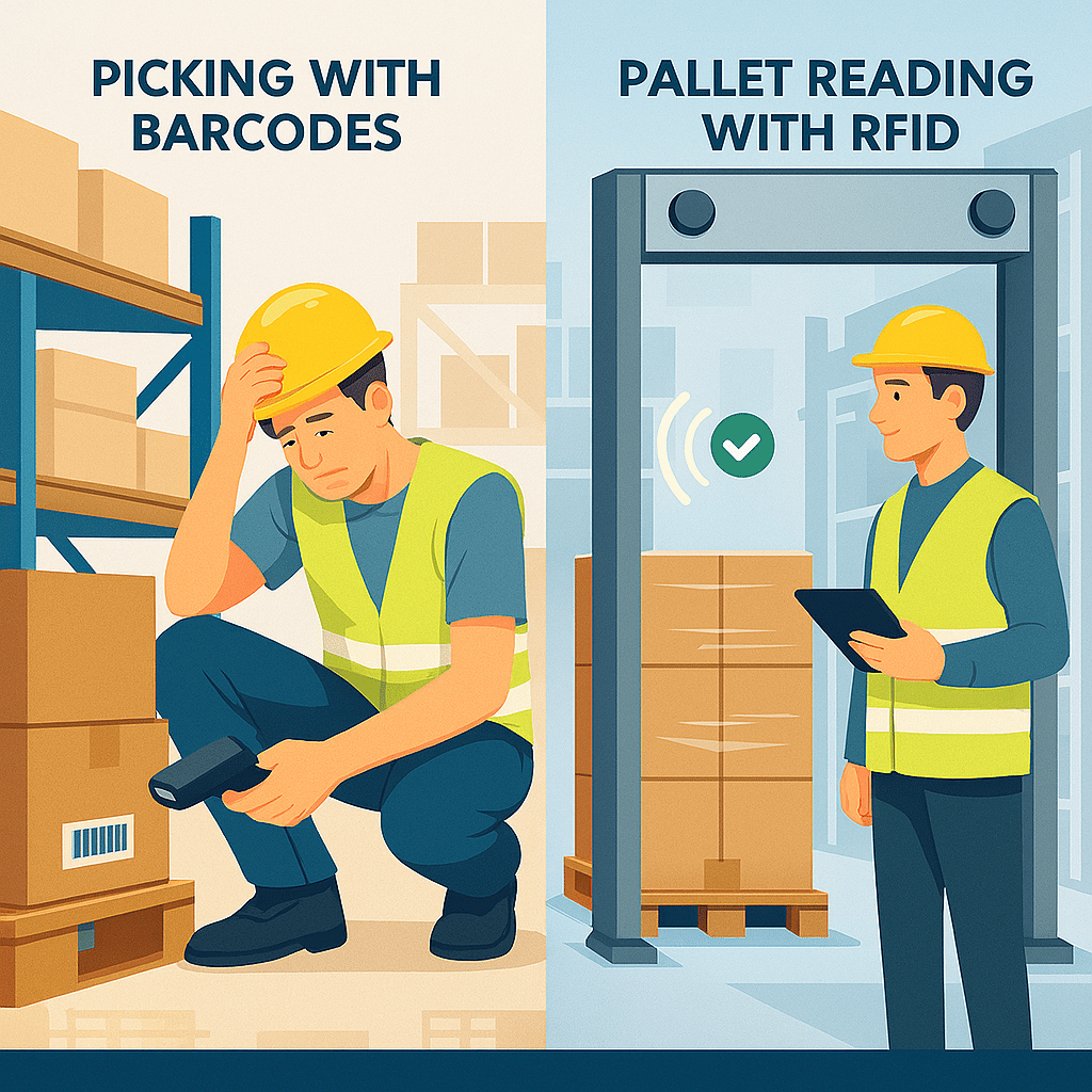 side-by-side comparison of barcode scanning fatigue versus hands-free rfid scanning in a warehouse