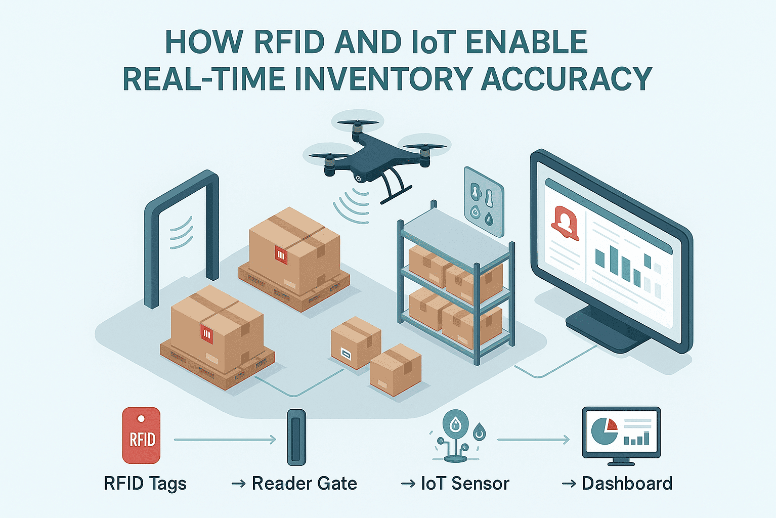 Illustration of RFID tags on pallets, reader gates, IoT sensors, and drone auditing within a warehouse