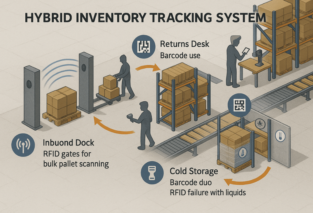 warehouse layout map showing hybrid tracking system with rfid, barcode, and qr code zones