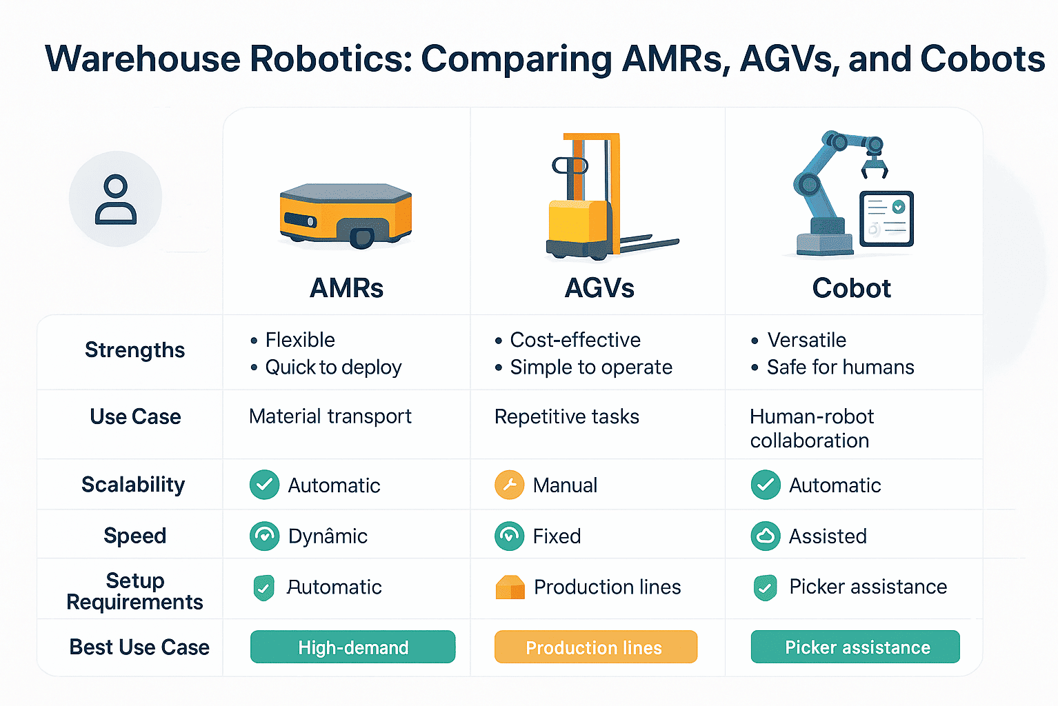 Comparison table of AMRs, AGVs, and Cobots with icons and key performance factors like scalability and setup
