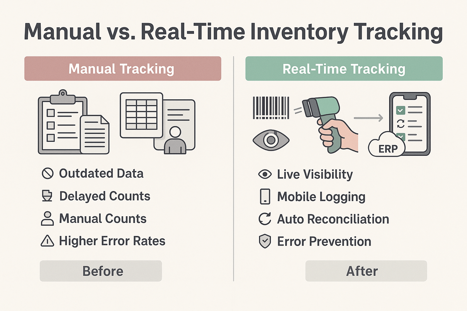 Side-by-side comparison of manual inventory tracking using paper and spreadsheets versus real-time tracking with barcodes and live system sync.