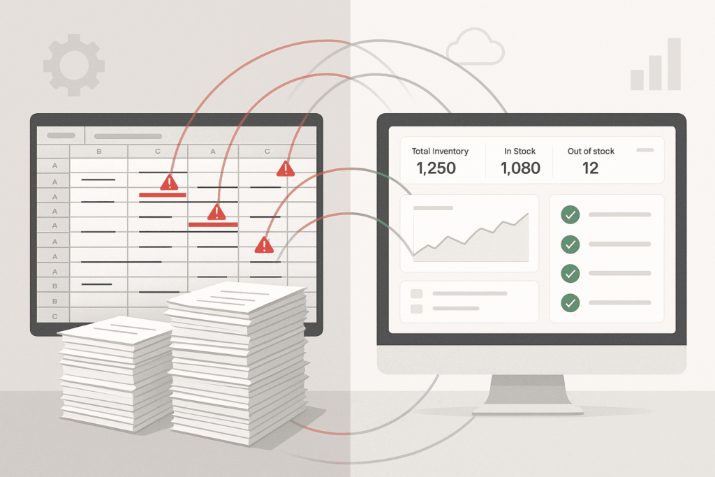Split-screen showing outdated spreadsheet-based inventory system versus connected smart platform with real-time updates.
