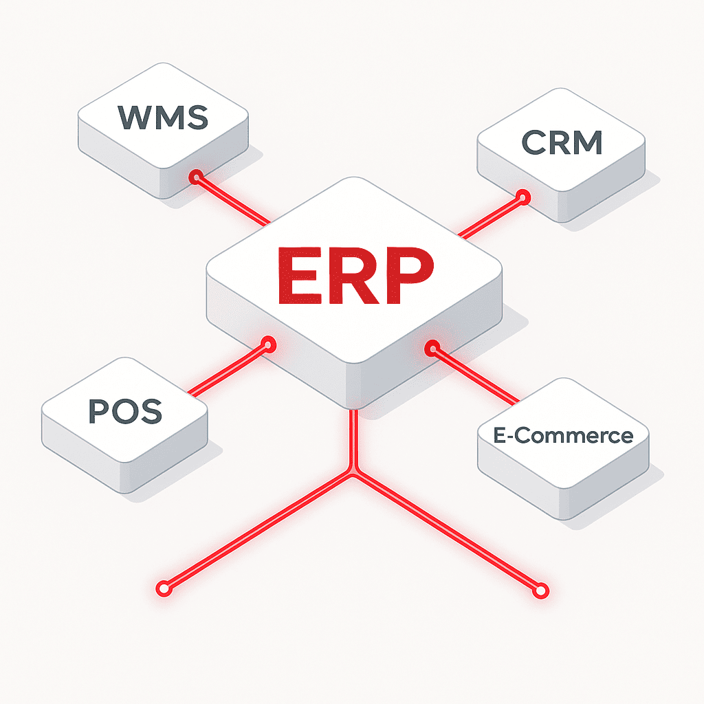 Diagram showing ERP, CRM, POS, and warehouse management connected by integrated inventory software.