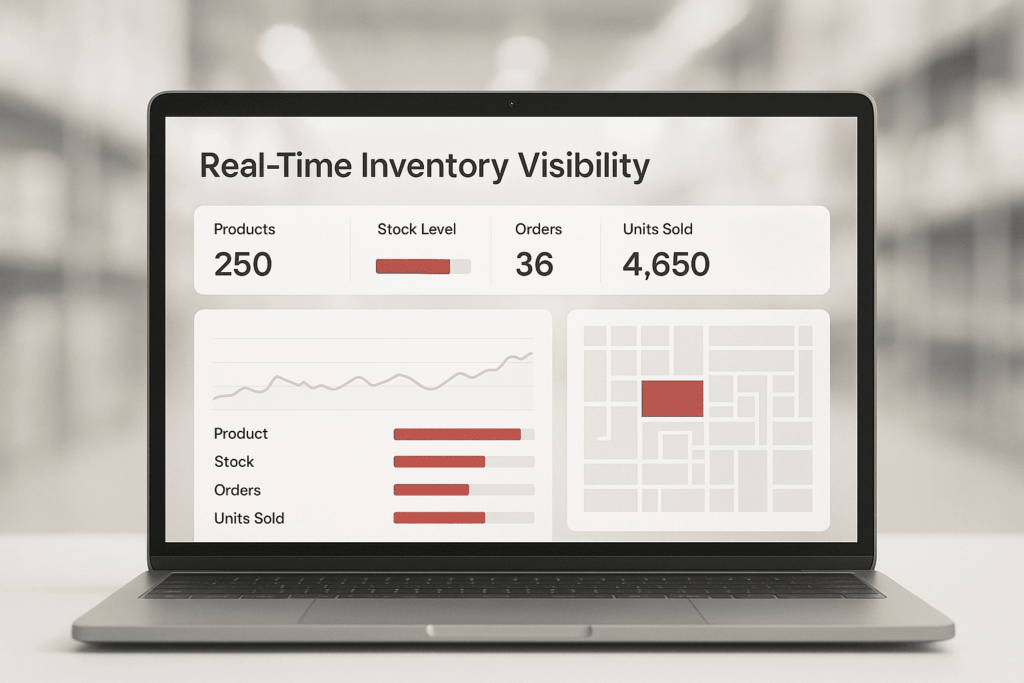 AI-powered real-time inventory visibility dashboard showing stock levels and warehouse performance.